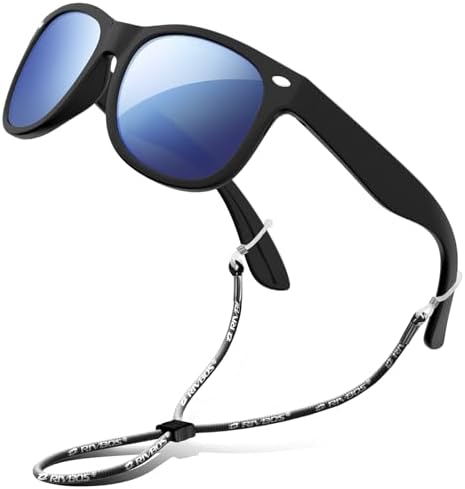 RIVBOS Kids Sunglasses Boys with Strap Polarized Rubber Flexible Shades for Toddler and Children Age 3-10 RBK004-2 Black Ice Blue Lens