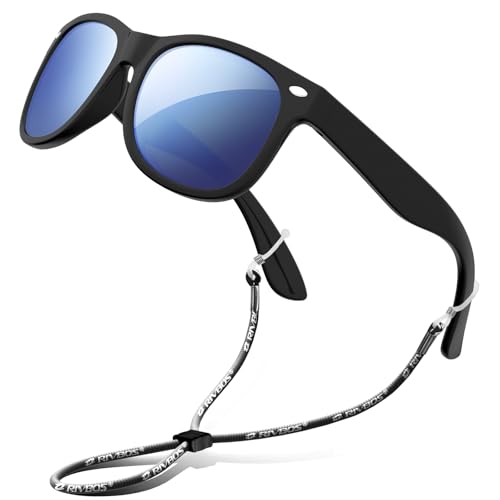 RIVBOS Rubber Kids Polarized Sunglasses with Strap Shades for Boys Girls Baby and Children RBK004 Black Ice Blue Lens