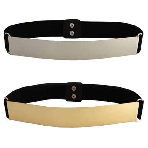 Teensery 2 Pcs Mirror Waist Belt Metal Stretch Waistband Elastic Decorative Dress Belt for Women (Gold, Silver)