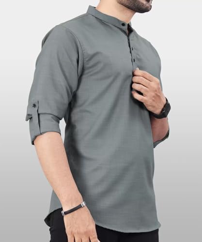 Image of DEEMOON Men's Regular Fit Solid Sprad Collar Casual Shirt with a Trendy Mandarin Collar Crafted from a Premium Cotton Blend