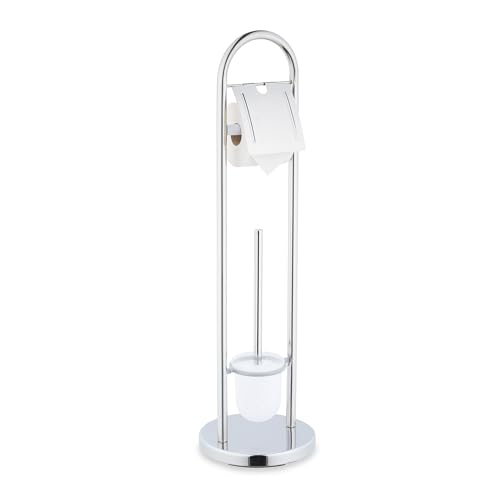 Image of Relaxdays Toilet Brush Holder Stainless Steel H x D 79 x 22 cm Standing Toilet Paper Holder Toilet Brush with Brush Holder Silver