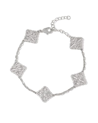 Iced Out 5A Cubic Zirconia Five-Flower Lucky Bracelet, Adjustable Chain Bracelet Dainty Four Leaf Bracelets For Women Trendy, White Gold Plated Stack Bracelets