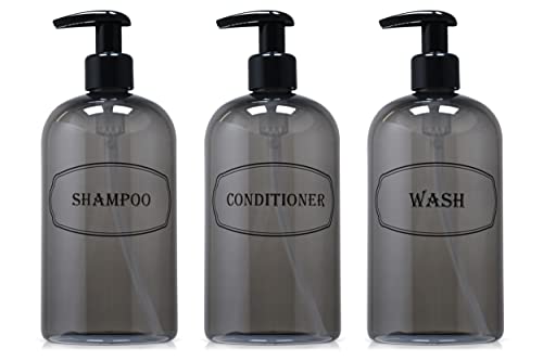 Bottiful Home - 16 oz graues Shampoo, Conditioner, Waschdusche, Seifenspender, 3 nachfüllbare leere PET-Kunststoff-Pumpflaschen, Duschbehälter, bedrucktes Design, verstopfungsfrei, tropffrei Cover