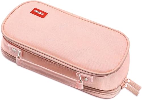 Estojo Escolar Organizador Com Divisórias Zíper Interno e Externo Alça e Compartimento Com Elástico Para Canetas e Lápis Necessaire Multiuso (Rosa)