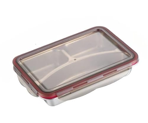 304ステンレス製 仕切り付きランチプレート 蓋付き弁当箱 5/4分割 食堂用トレー 幼稚園・学校・社員食堂用 フルーツプレート 子供用食器 密閉 防漏 食品容器 BBQ・キャンプ用 給食プレート ステンレスランチボックス (3分割-A)