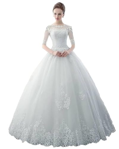 Ivory A Line Lace Applique Wedding Dresses for Women 2024 Fashion Floor Length Tulle Bridal Downs with Sleeves Bride Long Bride Wedding Dress US10