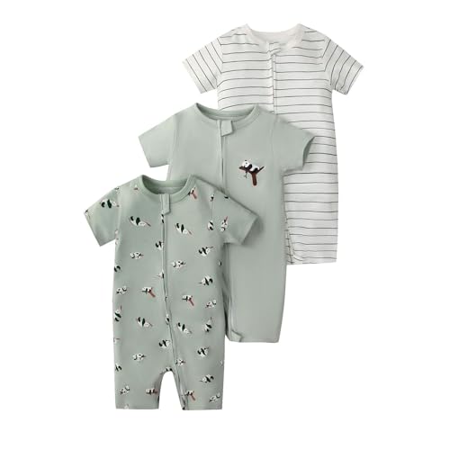 Renholin 3 Pack Baby Kurzarm Baby Strampler, Junge Mädchen Sommer Baumwolle Overalls Sleepsuits Einteilige Babybekleidung mit Reißverschluss