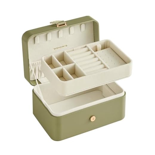 SONGMICS Schmuckkästchen Reise, Schmuckkasten klein, 2 Ebenen Schmuckaufbewahrung, tragbar, Schmuck-Reiseetui, für größere Accessoires, 11 x 16 x 8 cm, Geschenkidee, weihnachten, lorbeergrün JBC166C02