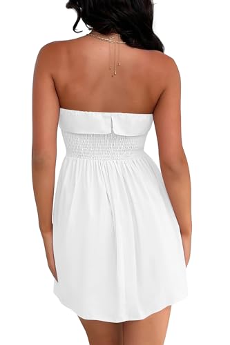 Image of Women's Summer Strapless Mini Dress Sundress A Line High Waist Smocked Cute Tube Top Party Short Dresses with Pockets