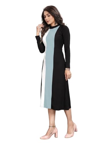 Image of LONDON BELLY Women's Poly Cotton Maxi Dress with 3 /4 Sleeves Round Boat Neck Striped Pattern Regular Fit and Calf Length | Womens Maxi Dress Cotton | Stylish Trending Dresses for Woman
