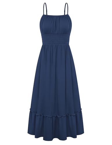 GRACE KARIN Women's Summer Maxi Dress 2026,Smocked Ruched Bust Sundress with Adjustable Straps & Pockets Navy Blue XL