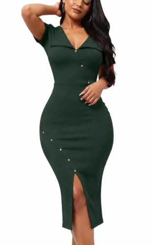 Image of Fooullaide Women's Sexy Bodycon Mid Dress Stretch Short Sleeve V Neck Cocktail Party Dresses