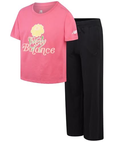 New Balance Active Girls Sweatpants Set - 2 Piece Short Sleeve Active T Shirt and Jogger Girls Pants with Pockets (7-16)