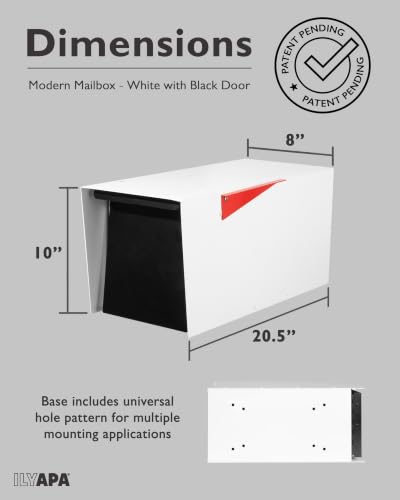 Image of Ilyapa Modern Mailbox for Post Mount - White with Black Door Powder Coated Steel, Waterproof Letter Box for Parcels, with Recessed Magnetic Close Door