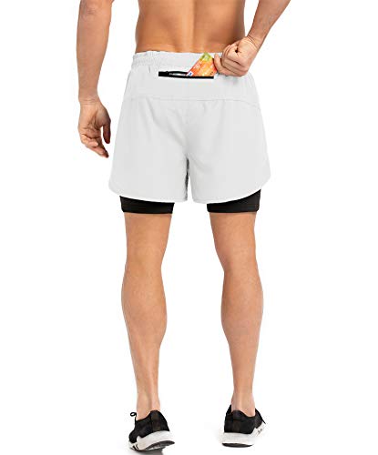 Gesean Men's 2 In 1 Running Shorts Lightweight Gym Training Sport Short Quick Dry Mens Shorts With Phone Pocket White Small #TOP4
