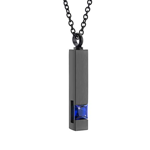 Crystal Cremation Jewelry Cube Memorial Jewelry for Ashes Stainless Steel Keepsake Cremation Necklace Pendant- Black Birthstone Series, Black with Blue Stone