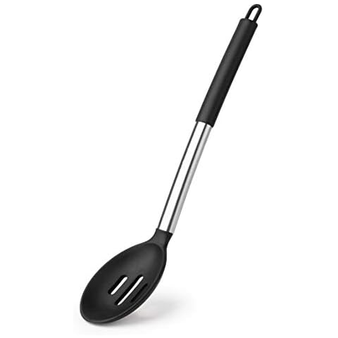 Solid and Slotted Cooking Spoon Large Silicone Cooking Spoon, Non Stick Solid Basting Spoon, Heat-Resistant Kitchen Utensils for Mixing, Serving, Draining (Black Slotted - 1PC) Cover