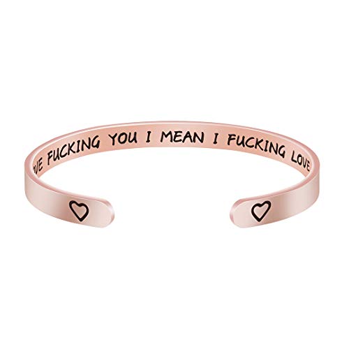 MEMGIFT Rose Gold Inspirational Cuff Bracelet for Women Personalized Unique Friendship Bangle Jewelry Gifts (I Love You)