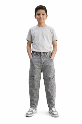 Image of Boys Cargo Pants, Kids Cargo Jeans with Pockets, Adjustable Waist, Stretch Denim Casual Pants for Boys
