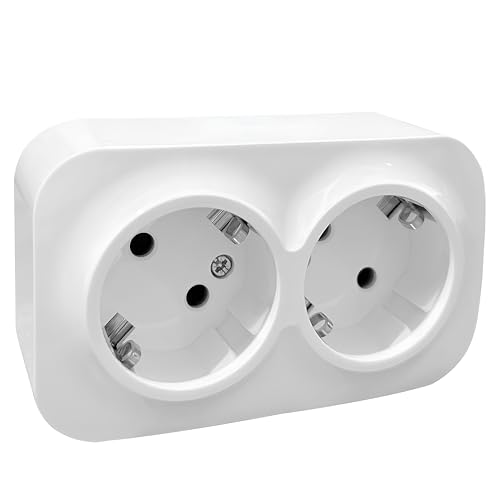 Base Schuko de Superficie con 2 Tomas, Enchufe Doble Schuko para Montaje en Pared, Toma de Corriente para Interior, 16A, 250V, Máx. 3680W, Ideal para Uso Doméstico y Comercial, Blanco