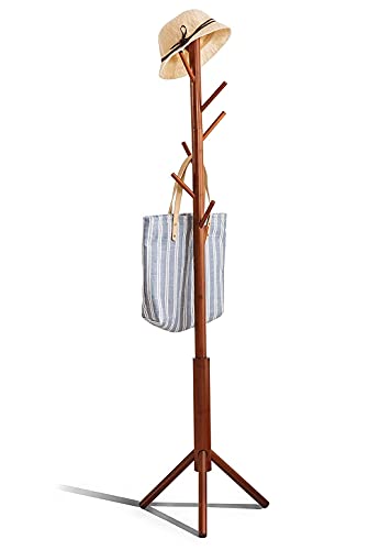 Image of Ginoya Brothers Wooden Coat Rack, Freestanding Hall Tree with Hooks Easy to Assemble Suitable for Children and Adult, Hat Clothes Rack Stand for Bedroom Office Entrance. (92-2 Walnut)