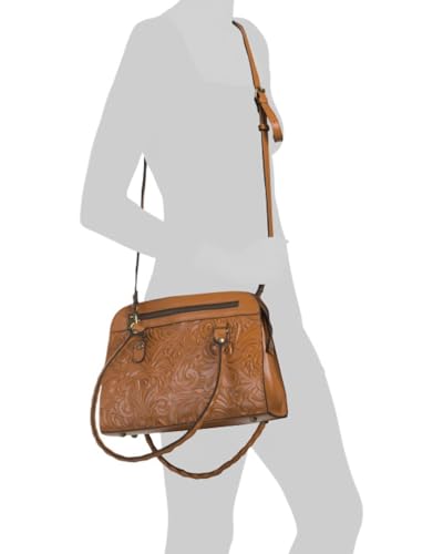 Image of Patricia Nash Calvi Leather Satchel with Crossbody Strap, Cognac Tooled, 12.5 x 9.5 Inches, Twisted Rope Handles