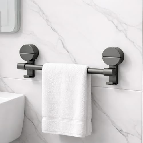 Image of Amazon Basics Suction Towel Holder for Bathroom - Rust - Free Powder Coated Wall Mounted Towel Rack No Drill Towel Rack Modern Bathroom Accessories Organizer Grey
