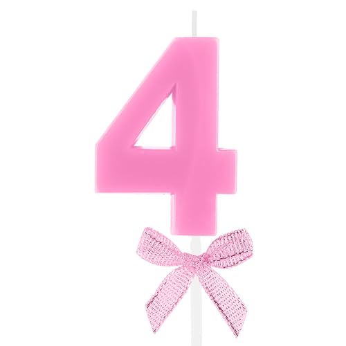 Image of 4th Birthday Candle Pink Bow Number 4 Candles Cake Topper Decorations Happy Birthday for Child Boy Girls Anniversary Celebrations Party Supplies