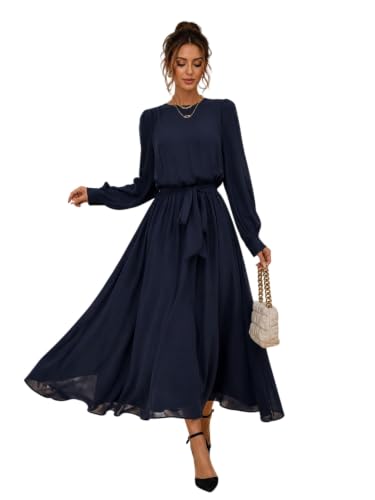 Image of LITZO Women's One Piece Dress - Georgette Solid Color Western Gown | Long Sleeve Round Neck Fit & Flare Flared Hem Design | A-Line Maxi Dress for Women | New Year Party Outfit (NO-14-16)