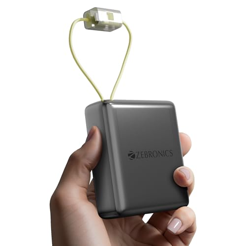 Image of ZEBRONICS EnergiTank 10R1, Compact Power Bank, 10000 mAh, 22.5W Rapid Charging, Built-in Type C & Lightning Cable + Type C Port, LED Percentage Indicator, for iPhone, Android, Tablets, Airpods (Grey)