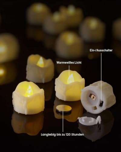 PChero LED Teelichter mit 6 Stunden Timer, 12er Set Elektrische Flammenlose LED Kerzen Flackernde Flamme mit Batterie und Timerfunktion für Halloween Zimmer Silvester Kürbis Deko Weihnachten – Beige – Bild 5