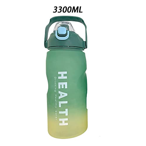 Image of 3.3 Liters Large Water Bottle With Straw & Handle, Sport Canteen Bottle With Time Marking, Leakproof Gym Water Bottle For Women & Men - Multicolor - Plastic (Green)