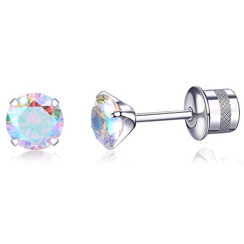 Titanium Earrings, Hypoallergenic Screw Back G23 Implant Grade 20G Titanium Simulated Diamond Earrings for Sensitive Ears 5mm 5A Cubic Zirconia Stud Earrings for Women Men