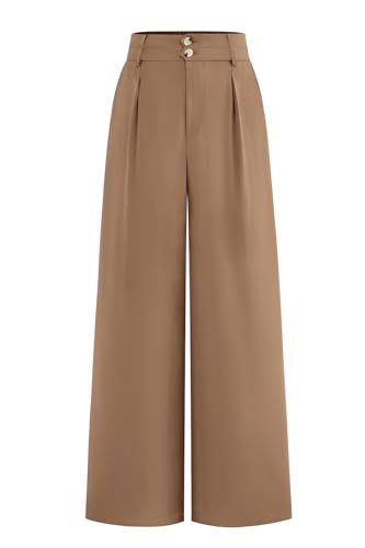 CFLONGE Women Wide Leg Dress Pants High Waist Work Trousers Button Pleated Slacks Palazzo Pants Business Casual Outfits(Khaki,XX-Large)