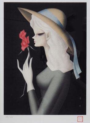 東郷青児 「バラ一輪」 版画（シルクスクリーン） 6号大 額装 限定300部