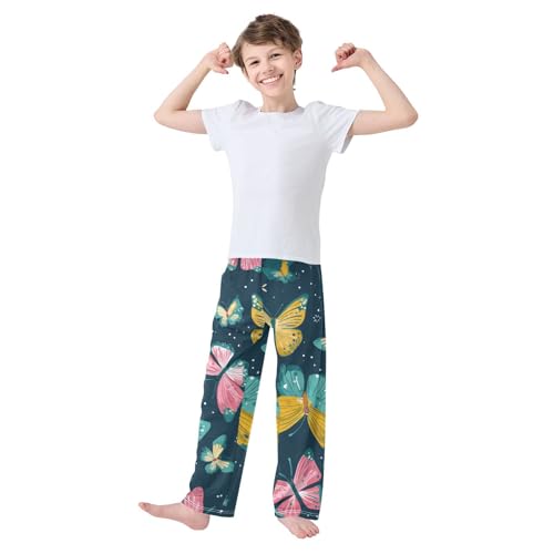 Watercolor Butterfly Boys Long Pants Soft Trousers Elastic Waist Kids Lounge Bottoms with Pockets S-XL3