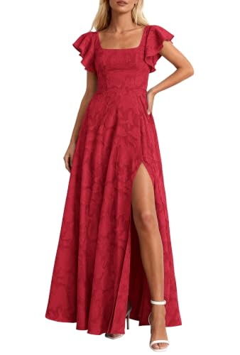 Image of KIRUNDO Bridesmaid Wedding Guest Formal Dresses for Women | Elegant Summer Maxi Dress, Lace Floral Prom Party Cocktail Dress, Smocked Bust, Tie Back, Split A Line Swing, With Pockets