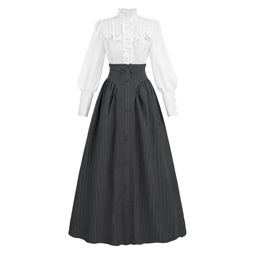 LTAKK Viktorianisches Kleid für Damen, Edwardianisches Renaissance-Kostüm, Mittelalter-Kleid, Vintage, 1800er-Jahre-Kleid, 2-teilig, Schwarz, Large
