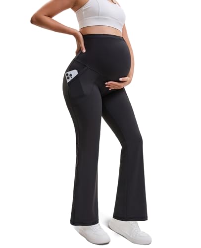 Fayefay Women Maternity Flare Leggings with Pockets Over The Belly Buttery Soft Pregnancy Yoga Work Pants Black X-Large