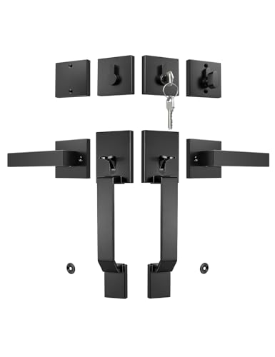 Tinewa Black Double Front Door Lock Set with Door Lever and Single Cylinder Deadbolt, Matte Black Double Door Handle with Dummy, Exterior Entry Door Lock, Reversible for Left & Right Handed 1 Pack