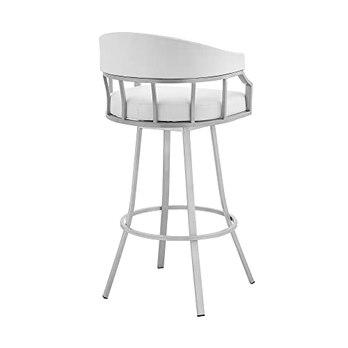 Armen Living Valerie Moderno Butaco Giratorio de 30" de Altura de Asiento en Cuero Sintético Blanco y Estructura de Acero Plateado miniatura 6