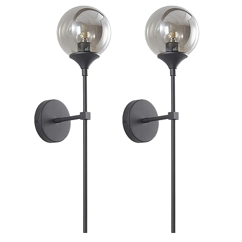 Image of KCO Lighting 1-Light Matte Black Mid Century Wall Sconce Set of Two Modern Bathroom Vanity Globe Wall Light Set of 2 Vintage Smoke Gray Glass Wall Bedroom Wall Lamp