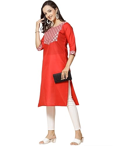 Image of Women's A-Line Cotton Embroidery Red Kurti |Red