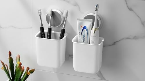 Image of Wall-Mounted Tooth Brush Holder Bathroom - Self-Adhesive Bathroom Organiser Without Drill for Toothbrushes, Toothpaste and Makeup Brushes - Plastic Brush Holder for Bathroom (2, Whitee)