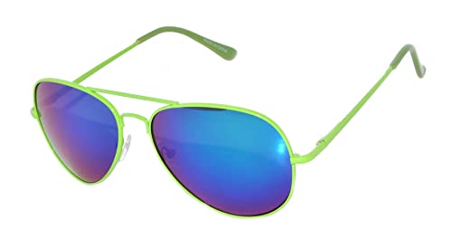 Classic Aviator Sunglasses Neon Green Metale Frame with Spring Hinge Blue Mirror Lens