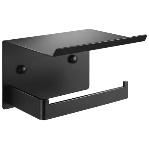 Idymere Adhesive Wall Mount Toilet Paper Holder with Shelf, Matte Black | Adhesive or Screw-in, Rustproof Metal, Built-In Shelf, For Bathroom RV Kitchen Washroom, Bathroom Hardware Accessories