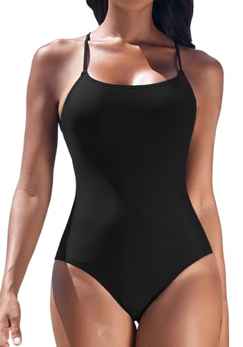 Derssity Women's High Cut One Piece Swimsuit Sports Training Bathing Suit Cross Back Swimming Costume (H, M) Black