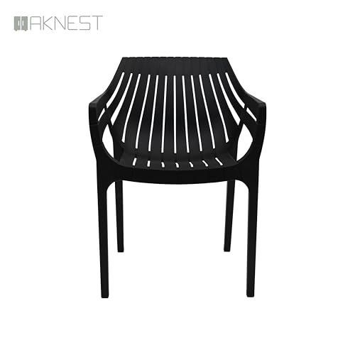 Image of OAKNEST Supreme Spectrum Plastic Arm Chair - Modern Slatted Stackable Chair for Living Room, Dining, Garden, Balcony, Restaurant & Cafe | Weatherproof Indoor Outdoor Designer Chair, Set of 2, Black