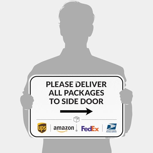 Image of Package Delivery Sign, Delivery Instructions Deliver All Package to Side Door Right Arrow Sign, 12x18 Inches, 3M EGP Reflective .063 Aluminum, Fade Resistant, Made in USA by Sigo Signs