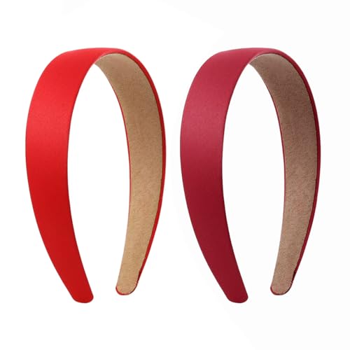 Lahkvor Confezione da 2 Cerchietti per Capelli - 3 cm di Larghezza, Fasce in Raso Antiscivolo Tinta Unita, Accessori Capelli per Donna e Ragazza, Cosplay e Fai da Te, Rosso + Rosso Vino